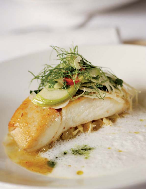 Pan Roasted Halibut With Yellow Pepper and Fennel Fondue, Apple