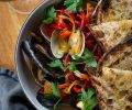 Clams and Mussels with Saffron and Peppers – a San Sebastian inspired dish.
