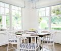 Informal family meals can be enjoyed at the table in the kitchen. White walls, chairs and light fixture help bring airiness to the room’s corner while the wood table keep it grounded. Outside are a patio dining area and vegetable garden also created by Trove.