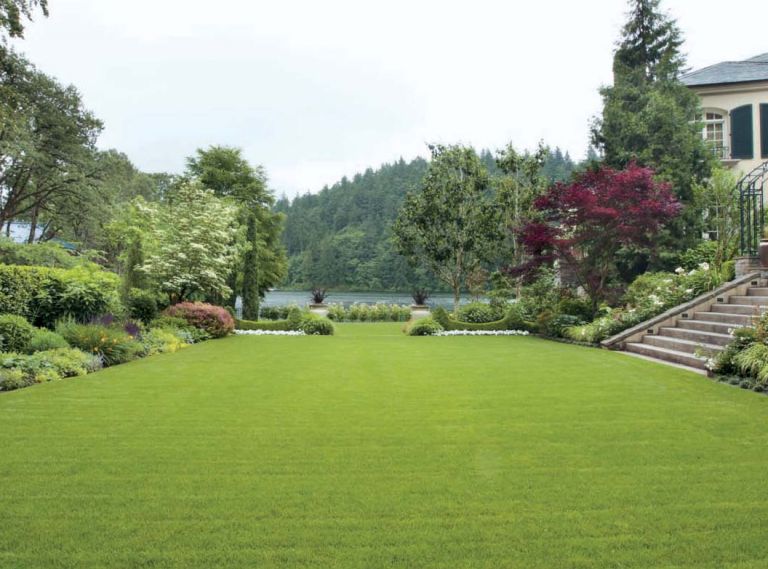 When landscape architect Larry Cavender began work on this garden, he had two main charges: create a handsome entry from the front of the house and its motor court into the lower garden, and restore the compacted soil to something that would actually grow a plant. All of this has been accomplished, plus framing Lake Oswego views with inventive plantings and paving.