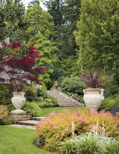 Plants are used instead of more typical garden art to provide living sculpture throughout the garden. Large trees were left in place to link to taller Douglas firs on surrounding lots, and a purple-leafed Japanese maple is easily traced against the house and brighter green surroundings.