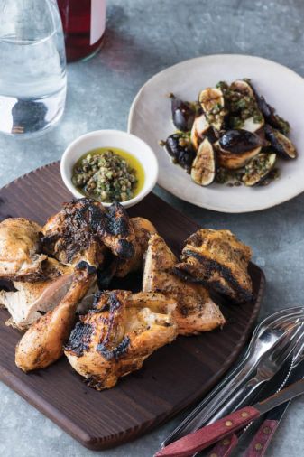 Ox Restaurant’s <strong><a href='grilled-butterflied-whole-chicken-with-grilled-figs-manouri-cheese-and-lentil-chimichurri'>Grilled Butterflied Whole Chicken with Grilled Figs, Manouri Cheese and Lentil Chimichurri</a>.</strong> This recipe uses an indirect heat method that is one of the foundations to open-fire cooking in South America.