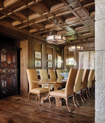 Paul Ferrante chandeliers hang from a coffered ceiling above a Therien & Co. dining table. Chairs from Dennis & Leen. Flooring by Exquisite Surfaces. Sevigny’s team painstakingly coped hundreds of intricate pieces needed to keep a tight fit for the coffered ceilings.
