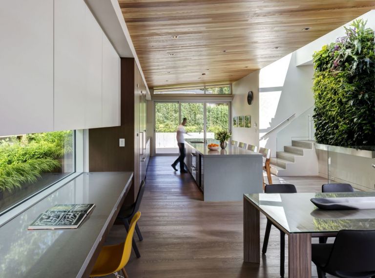 To create an open great room effect, Werner designed one long space inclusive of kitchen, dining and living room, with the kitchen bordered by a living green wall and illuminated by a custom skylight.