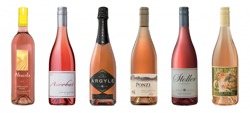 Our Oregon Rosé Picks (L-R):  1) Abacela / 2015 Estate Grenache Rosé, $18, Umpqua Valley 2) Acrobat Winery / 2015 Rosé of Pinot Noir, $13, Oregon 3) Argyle Winery / 2015 Estate Grenache Rosé, $50, Willamette Valley 4) Ponzi Vineyards / 2015 Pinot Noir Rosé, $22, Willamette Valley 5) Stoller Family Estates / 2015 Pinot Noir Rosé, $25, Dundee Hills 6) Van Duzer Vineyards / 2015 Pinot Noir Rosé, $20, Willamette Valley