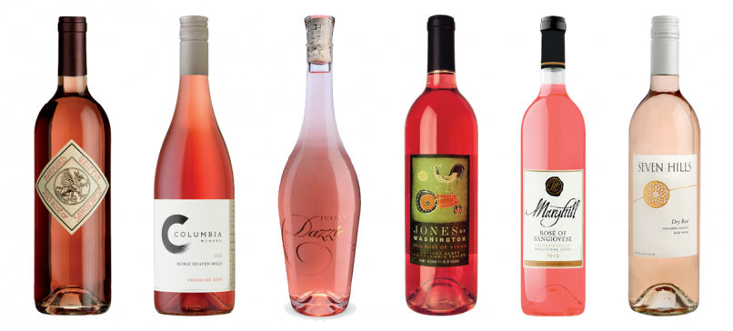 Our Washington Rosé Picks (L-R):  1) Barnard Griffin / 2015 Rosé of Sangiovese, $14, Columbia Valley 2) Columbia Winery / 2014 Grenache Rosé, $26, Horse Heaven Hills 3) Dolan & Weiss Cellars / 2015 Julia’s Dazzle, $16, Horse Heaven Hills 4) Jones of Washington / 2015 Rosé of Syrah, $14, Ancient Lakes of Columbia Valley 5) Maryhill Winery / 2015 Rosé of Sangiovese, $16, Columbia Valley 6) Seven Hills Winery / 2015 Dry Rosé, $17, Columbia Valley