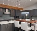 In the kitchen, Ewan oriented the butchers block dining bar perpendicular to the main island so that every diner would be able to enjoy expansive views. A beam made from parallel strand lumber was treated with clear lacquer and left exposed as a textural element.