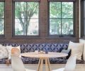 The Guggenheims designed the nook table and had it built by Nick Tretiak. Their fabric selection for the nook built-in was Dwell Studio for Robert Allen Sunbrella to stand up to daily wear.