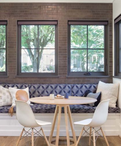 The Guggenheims designed the nook table and had it built by Nick Tretiak. Their fabric selection for the nook built-in was Dwell Studio for Robert Allen Sunbrella to stand up to daily wear.