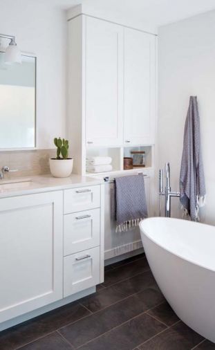 The master bath features a freestanding bath by Victoria & Albert.