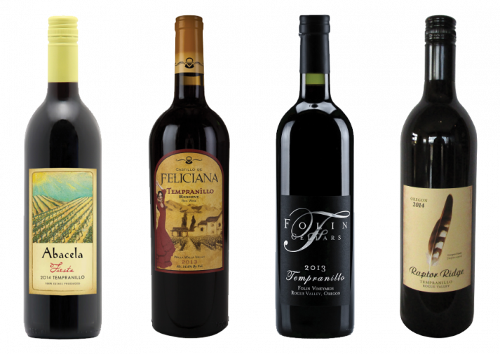 Our Oregon Tempranillo Picks (first four of eight, L-R): 1) Abacela / 2014 Fiesta Tempranillo, $23, Umpqua Valley 2) Castillo De Feliciana Vineyard & Winery / 2013 Reserve Tempranillo, $32, Walla Walla Valley 3) Folin Cellars / 2013 Estate Tempranillo, $32, Rogue Valley 4) Raptor Ridge Winery / 2013 Tempranillo, $35, Rogue Valley