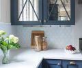 Glossy countertops, distressed mirrors on upper cabinets.