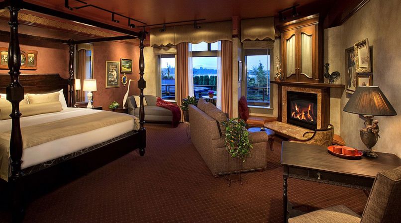Rooms at Willows Lodge all feature in-suite fireplaces and reclaimed materials.