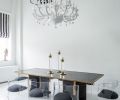 The Charles Hollis Jones Lucite chairs gather round the large dining table suitable for entertaining her many guests. Howe found the vintage brass candlesticks that tie to the table’s trim.striped barstool cushions continue the theme found in the Roman shades and Zebra head.