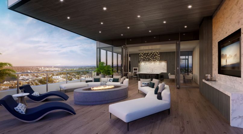 The Sky Parlor at NEXUS is an indoor/outdoor entertainment area for residents and guests atop the 41st floor.