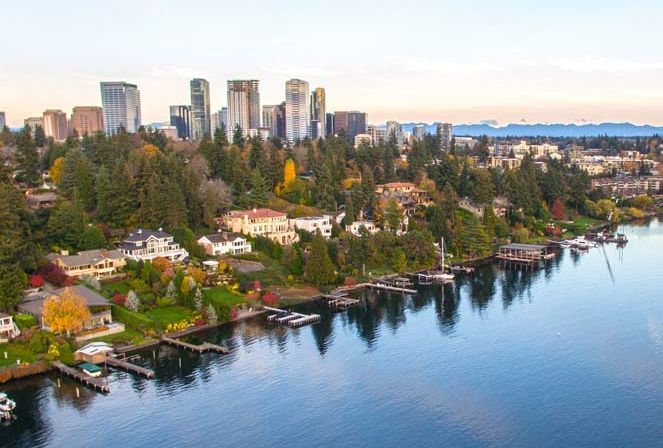 Meydenbauer Bay on Lake Washington with downtown Bellevue in the background.