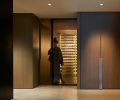 A shallow polished concrete landing with two steps down to lower level. Woman stands before glass door leading to wine cellar.