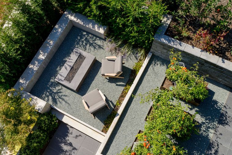 Many of the landscape elements were designed to be viewed from above as well as ground-level, like the raised beds in the veggie garden.