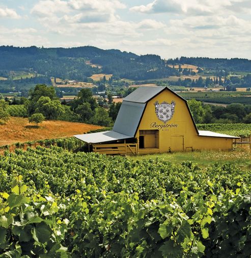 Family-owned Bergstrom Wines distinctive barn near Dundee, Oregon. The winery Biodynamically produces Chardonnay and Pinot Noir from five estate vineyards. Photo © Andrea Johnson