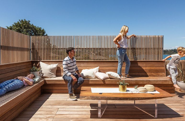 The Outdoor space was a central focus for this remodel, including a new deck constructed on top of the home’s existing garage with Ipe, a super-strong tropical hardwood. “Ipe is very durable and low maintenance,” says Matt. “And it weathers naturally to a nice silver color.” Built-in benches on the deck mirror the benches constructed inside, creating an enhanced sense of flow between the indoors and the outdoors.