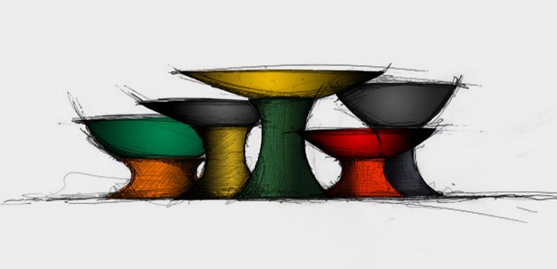 In the West African country of Senegal Thorpe discovered the beauty of African culture and craftsmanship. The concept to combine the time honored glass craft of Venini with the unique techniques and artisanal approach of weaving in Senegal would be symbolic of our shared humanity and pay tribute to the artisans and their respected countries. Thorpe’s original sketch.