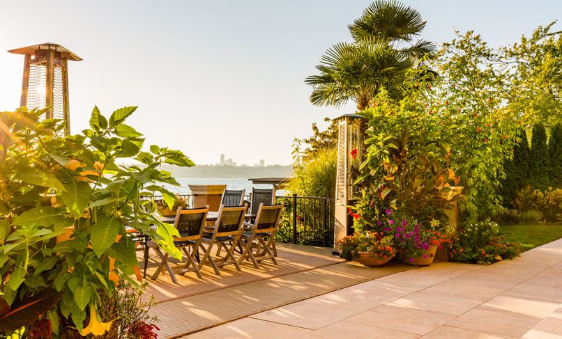 Landscape architect Jason Breitling of Cambium, Inc., who undertook both landscape architecture and landscape construction, creates a romantic dining area in the back garden that cantilevers out over Lake Washington. Two towering propane patio heaters mimic the height of the distant city skyline as well as the graceful Abutilon (“Tiger Eye” – Flowering Maple) right, which Breitling pairs with other perennial tropical plants that thrive in the microclimate formed by the garden’s proximity to the lake, which helps moderate the temperature year-round.