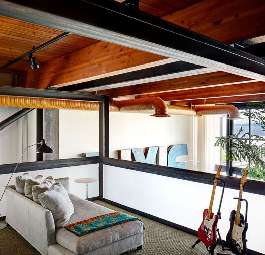 Mezzanine music room with Donghia sofa.