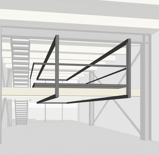 Architects’ drawing of a continuous multi-function steel frame threaded through center of the space, which serves as an organizing element for plan, structural element for the expanded mezzanine, and support structure for barn doors.