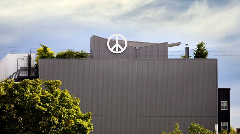 Extending a holiday tradition from their previous home to year-round adornment, the homeowners hired a sign company to create and install the Peace sign on their unit.