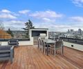 Hard Ipe wood rooftop decking, linear fireplace. Capped skylight right.