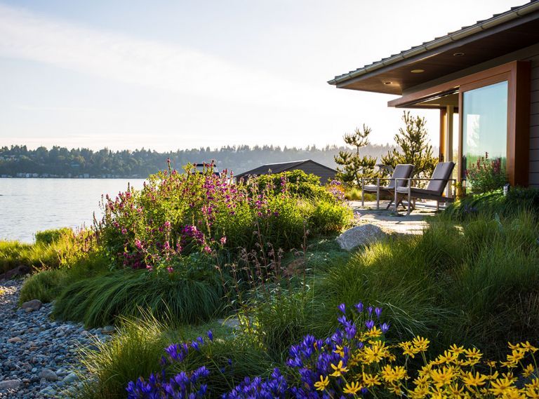 A hands-on collaborator, Pamela always wanted to be on site when something specific was happening. “Having someone you can trust like Paul was just magical!” Oregon Sunshine foreground, blue Tritelleia Laxa “Queen Fabiola” and Henderson’s Checker Mallow hug Guest house, where pocket glass walls open to garden. Easy-to-clean Pennsylvania Bluestone floors that flow outdoors help guesthouse double as pool house.