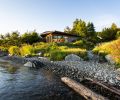 A c.1970s pool house turned pool/guesthouse was pushed back 5 feet to meet regulations and modernized by Seattle architect Jeff Phillips. Having an Asian aesthetic, Pamela requested the Japanese origami-style roof.