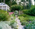 For visual contrast, custom concrete pavers line dining area. White allium volunteers amidst native kinnickinnick ground cover.