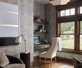 Guest bedroom doubles as interchangeable offices crowned by elegant Visual Comfort Pendant with gild Arabelle Hanging Shade and grounded by Surya cowhide rug. CR Laine Chloe desk chair’s sensual lines opposite luxury sleeper sofa with Tempur-Pedic mattress.