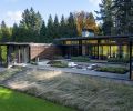 Lakeside Lumber Japanese-inspired Shoji screens add layers to building’s façade – from entry walkway to patio exterior gym wall. Firepit-heated Gloster furnished seating area flanked by 2.ink Studio sword fern plantings. Mari Design window coverings.