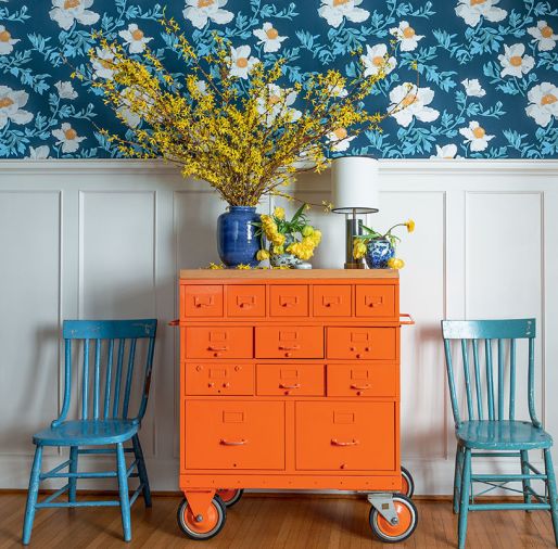 The small entry table adds a spot for cut branches and space shuttles in a client’s historic home. The stools are by midcentury furniture designer Paul McCobb; I found them at a sidewalk sale.