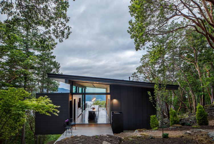 The upper level of the home has the main living spaces, storage, and a main suite, as well as front and rear decks. The lower level has an en-suite and a deck with views of the forested hillside. The landscaping was done by Steve Stanzione of Native Landscapes.