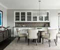 From Seattle Design Center: Regency style John Pomp sideboard from Trammel Gagne ties to Carlisle Wallcovering on credenza from Jennifer West. Arteriors oval glass crystal chandelier echoes Powell & Donnell table base. Silk starburst Turabi rug pattern radiates from center of table.