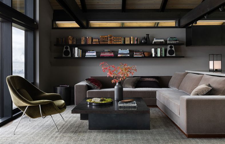 Durante Furniture custom sofa in living area, located east of kitchen, is lit by new triple pane clerestory windows. Photography © Haris Kenjar