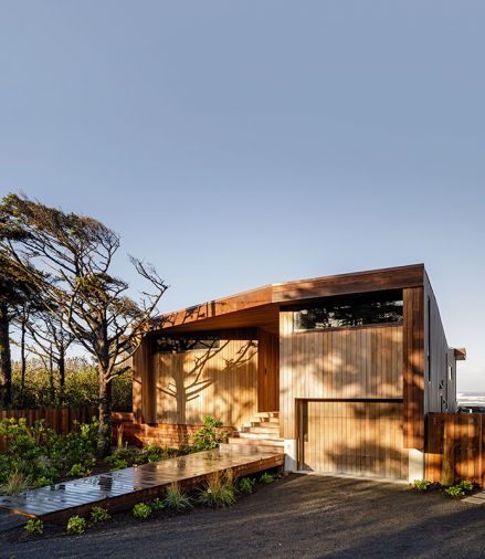 Cedar boards from Lakeside Lumber define the exterior, with clerestory windows from Portland Millwork.