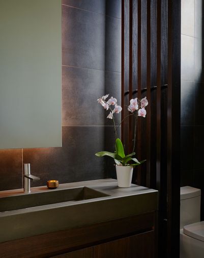 Powder room features a custom sink by Cement Elegance of Bend, Oregon. Milano Faucet by Fantini sourced from Chown Hardware.