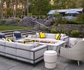Perennials & Sutherland sofas from Seattle Design Center hug the fire pit on central fire terrace. Holly Hunt side tables from Jennifer West at SDC. Land Morphology’s custom metal work and railings coordinate with the Bluestone step railings, with all their hardware artfully concealed by Green Man Landscape and Design, who also constructed the dry stack stone walls of Whistler Basalt and sand-set the Bluestone terrace.