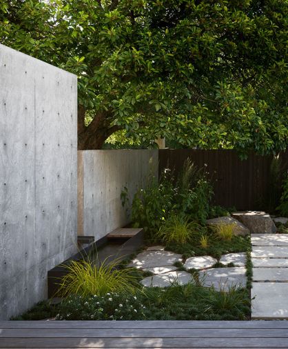 The branches of the heritage tree can freely expand over the concrete wall. A custom metal fountain, made by Dovetail, connects the two courtyards.