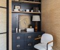 Diana’s office is behind a glass door from Pinkies Iron Doors. The woven palm leaf wall covering is by Thibaut, with custom cabinetry designed by Charla Ray and built by Rockwood Cabinetry.