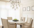 Restoration Hardware Pearl Round chandelier, Aero marble oval table, Leigh dining chairs.