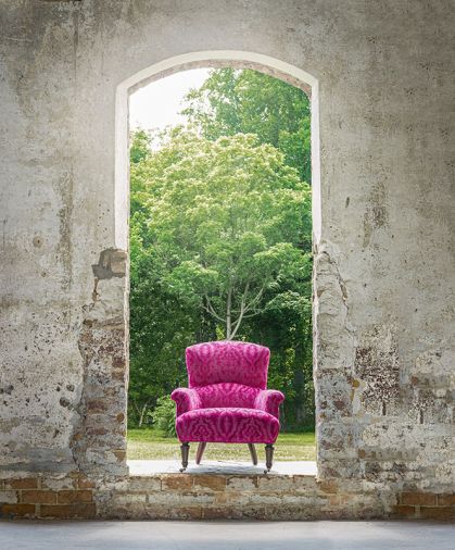 HOT PINK THRONE This Lee Industries velvet 1235-01 Chair in alluring Verona Azalia textile boasts a welt cushion and optional decorative trim around the base. jgarnerhome.com