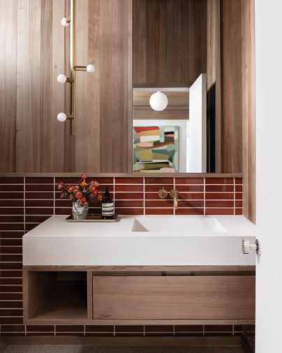 Floating custom cedar vanity. Pratt & Larsen field tile.