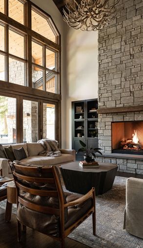 Nelson wove in vintage finds throughout the home, joining classic leather chairs with a Restoration Hardware sofa, Jayson Home coffee table, and McGee & Co rug. The bluestone used at the range and fireplaces is from Simply Rocks.