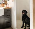 In the laundry room, Nellie doesn’t mind bathtime as she checks out the limestone floors and custom butcher block counters by WoodRidge Custom Homes.
