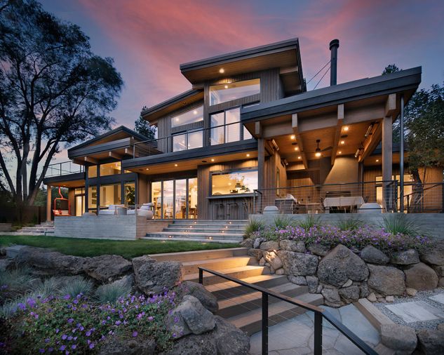 In this 3,800-square-foot custom house on the Deschutes River in Bend, Oregon, the Marvin windows and doors, and La Cantina folding door were sourced from Parr Lumber.